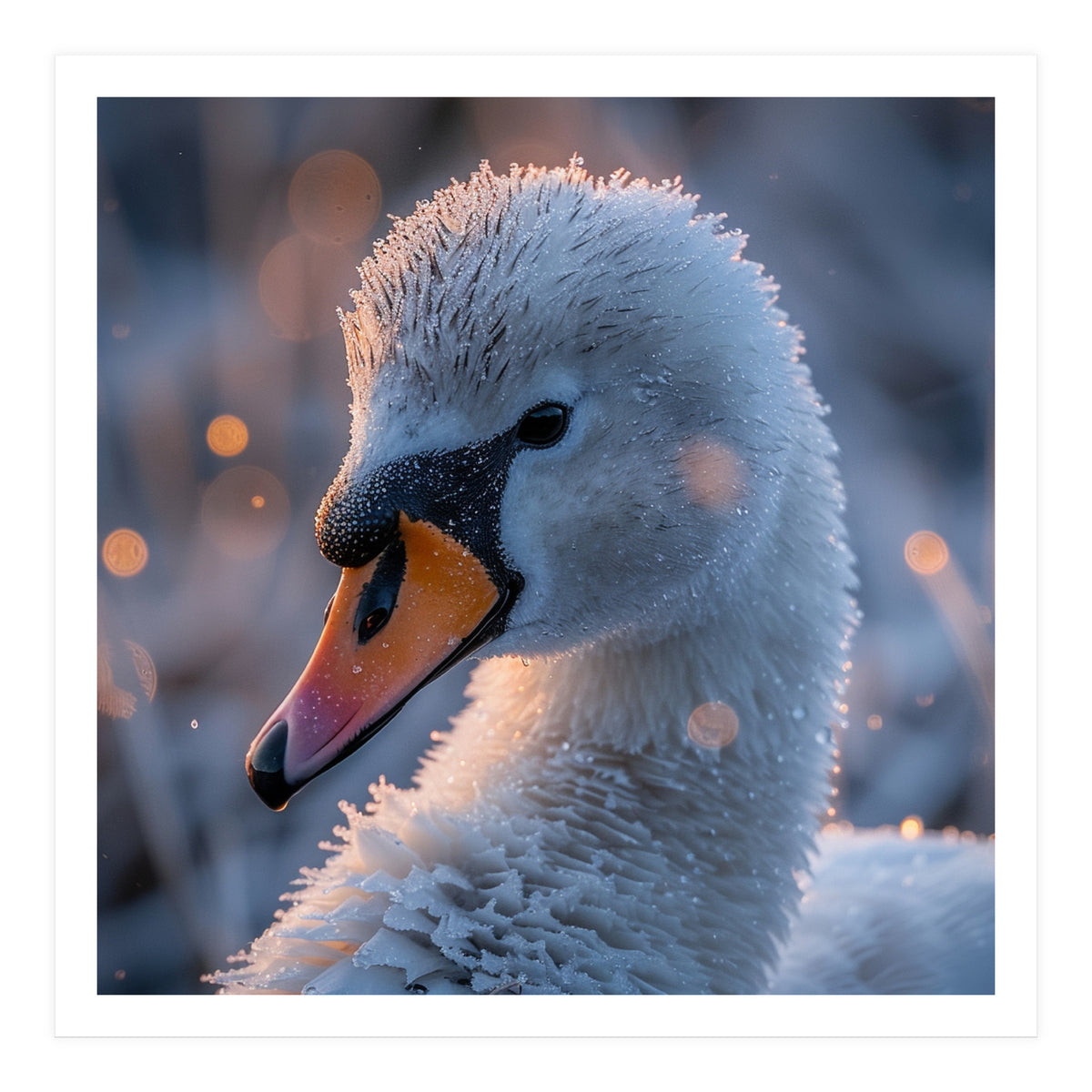 Close Up Frosty Swan Head During Golden Hour (Print Only)