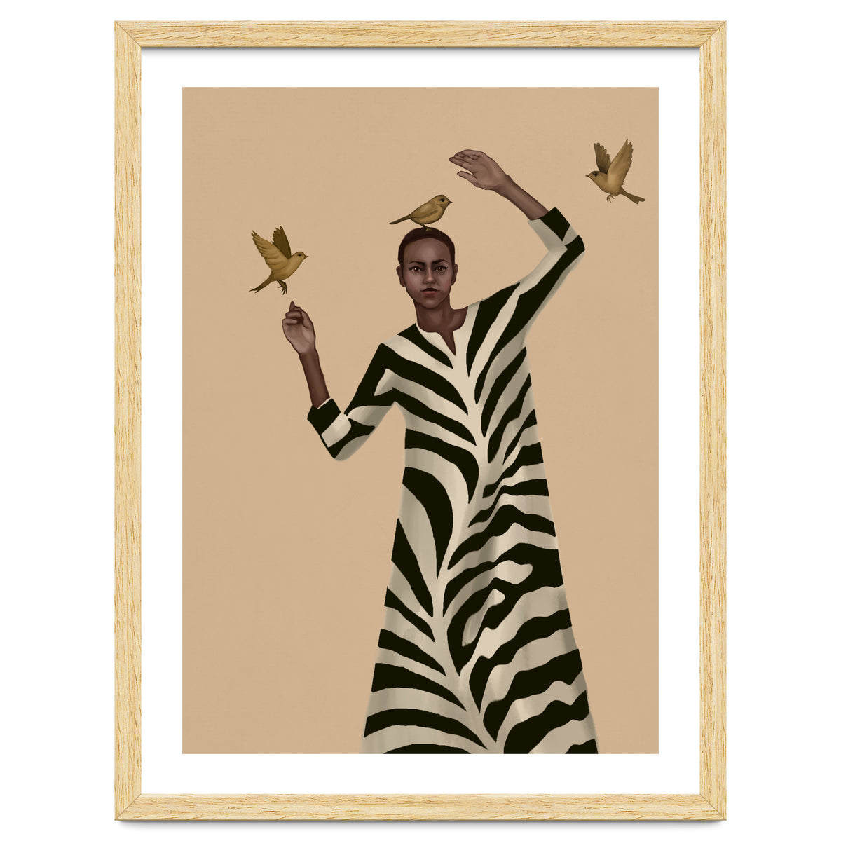 Woman With Birds And Zebra Pattern Dress