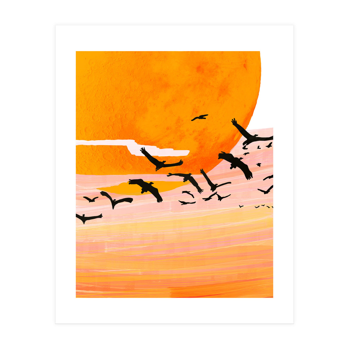 Time Flies, Birds Wildlife Fly Freedom Nature, Sun Sunset Sunrise Positivity Hope Painting, Growth Migrate Gift Animals Blush Sky Bohemian (Print Only)