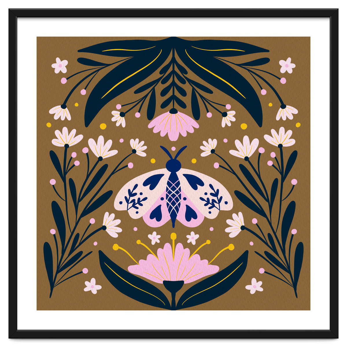 Pink Moth with Flowers on a brown background