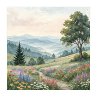 Serene Mountain Meadow Watercolor Landscape (Print Only)