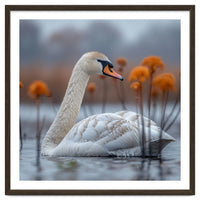 White Swan Swimming In A Lake With Reeds