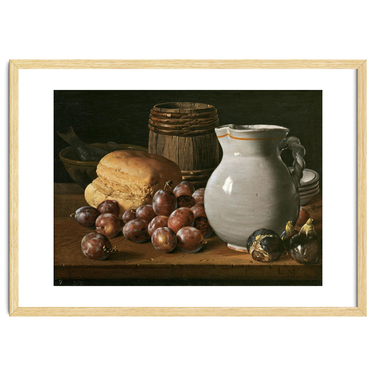 Luis Egidio Meléndez / 'Still Life with Plums, Figs, Bread and Fish', 18th century, Spanish School.