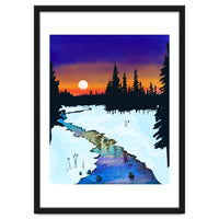 Purple Midnight, Snow River Full Moon Nature Landscape Painting, Winter Travel Adventure Places