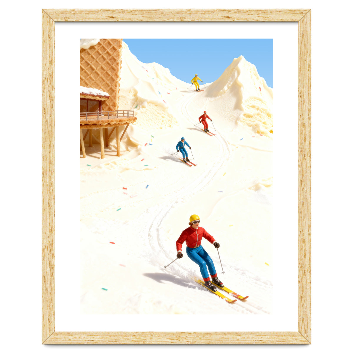 Skiing on Ice Cream Mountains, Miniature Skiers Winter Art Print for Kitchen Decor