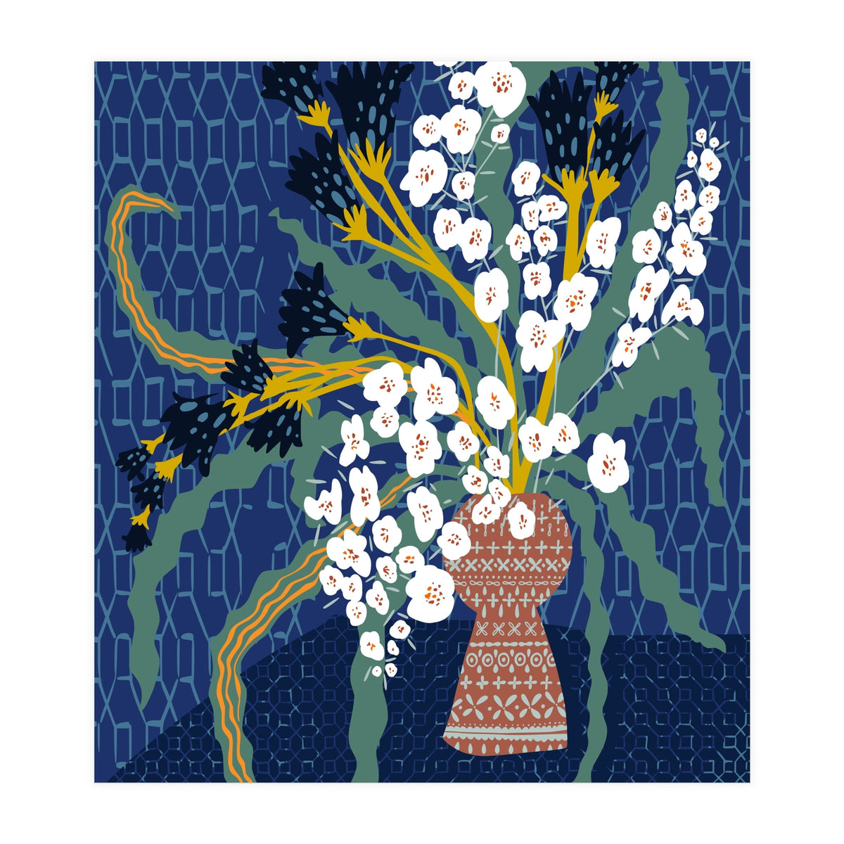Floral contemporary still life dark blue (Print Only)
