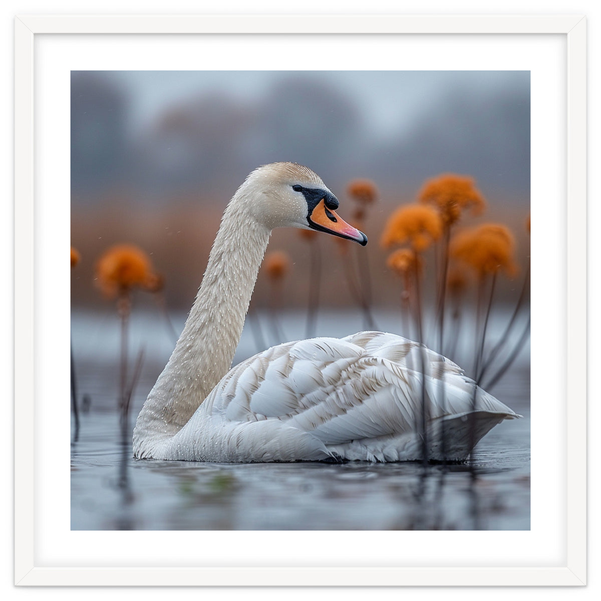 White Swan Swimming In A Lake With Reeds
