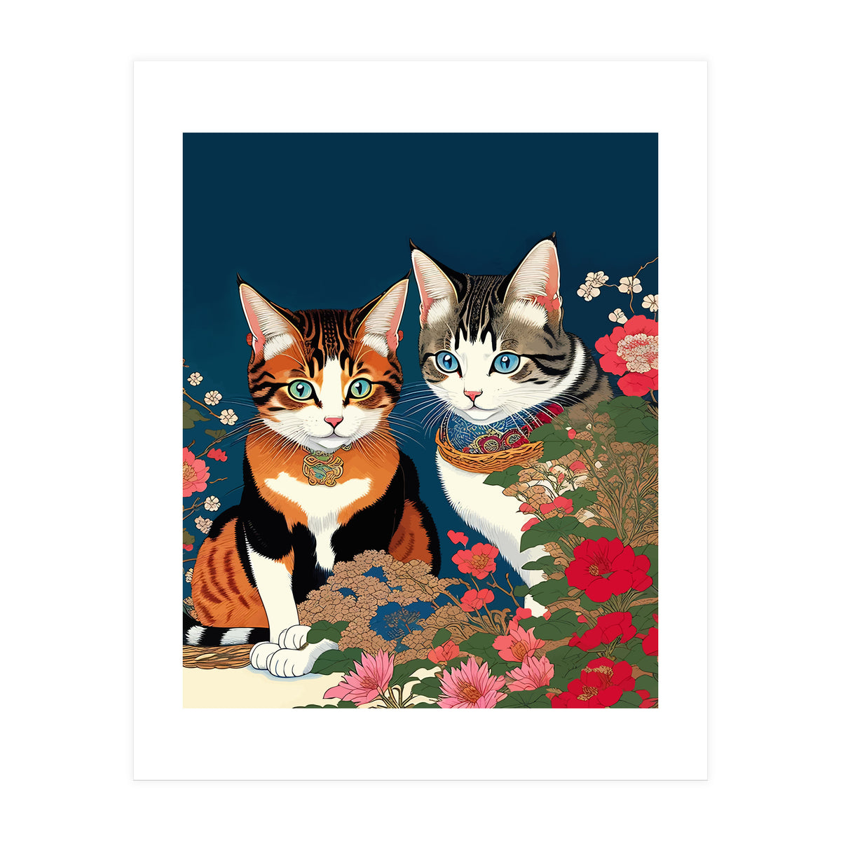 The Perfect Companion, Cute Cats Japanese Pets, Whimsical Animals Cat Vintage Love Friends Together (Print Only)