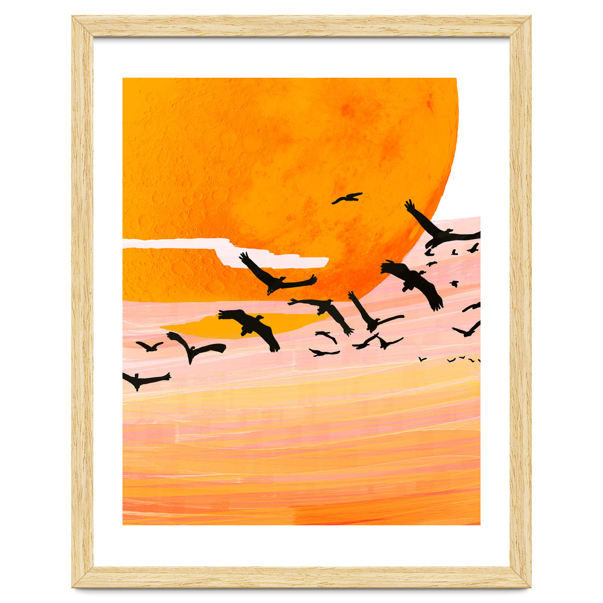 Time Flies, Birds Wildlife Fly Freedom Nature, Sun Sunset Sunrise Positivity Hope Painting, Growth Migrate Gift Animals Blush Sky Bohemian