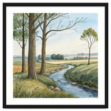 Pastoral Countryside Watercolor Painting with Winding Stream Meadows and Deciduous Trees Landscape thumbnail