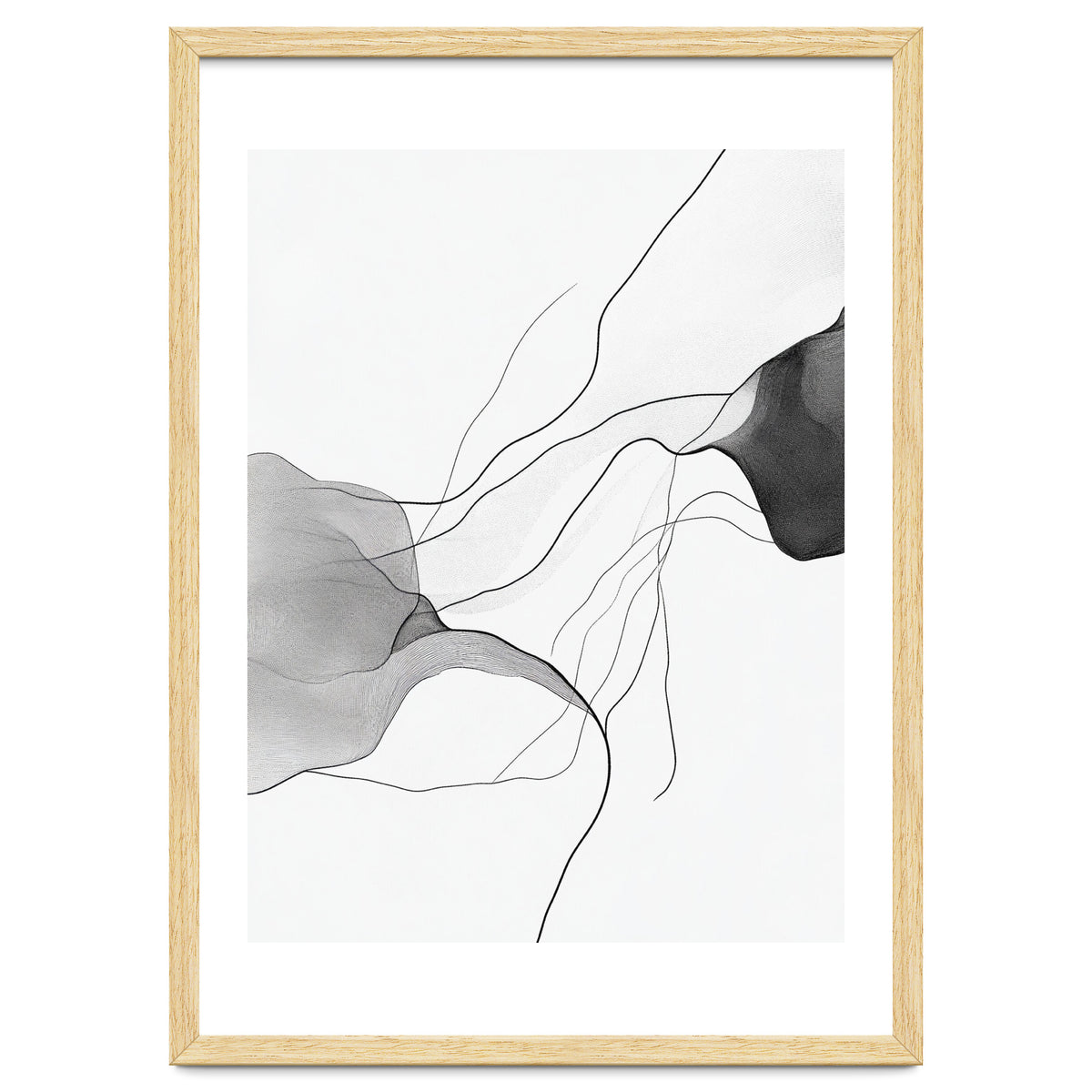 Abstract Black And White Flowing Lines And Shapes On White Background