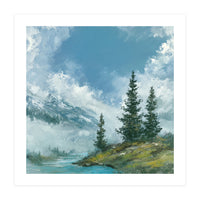 Ethereal Alpine River Valley with Snow-Capped Mountains (Print Only)