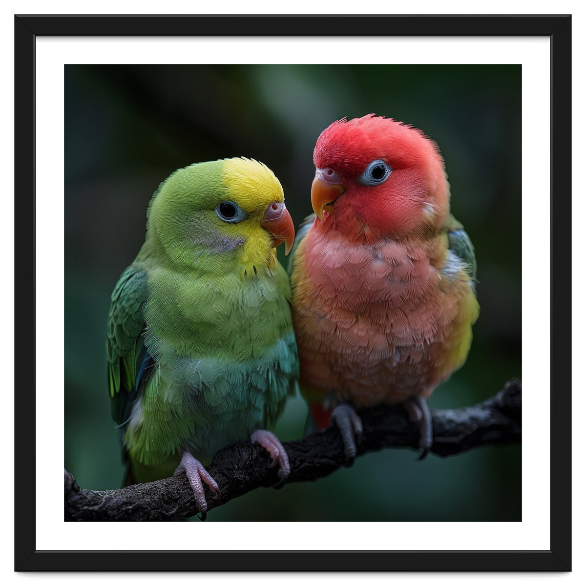 Two Lovebirds Sitting Together On A Branch
