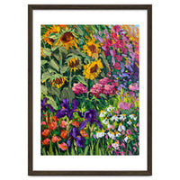 Vibrant Summer Sunflower and Iris Meadow Oil Painting