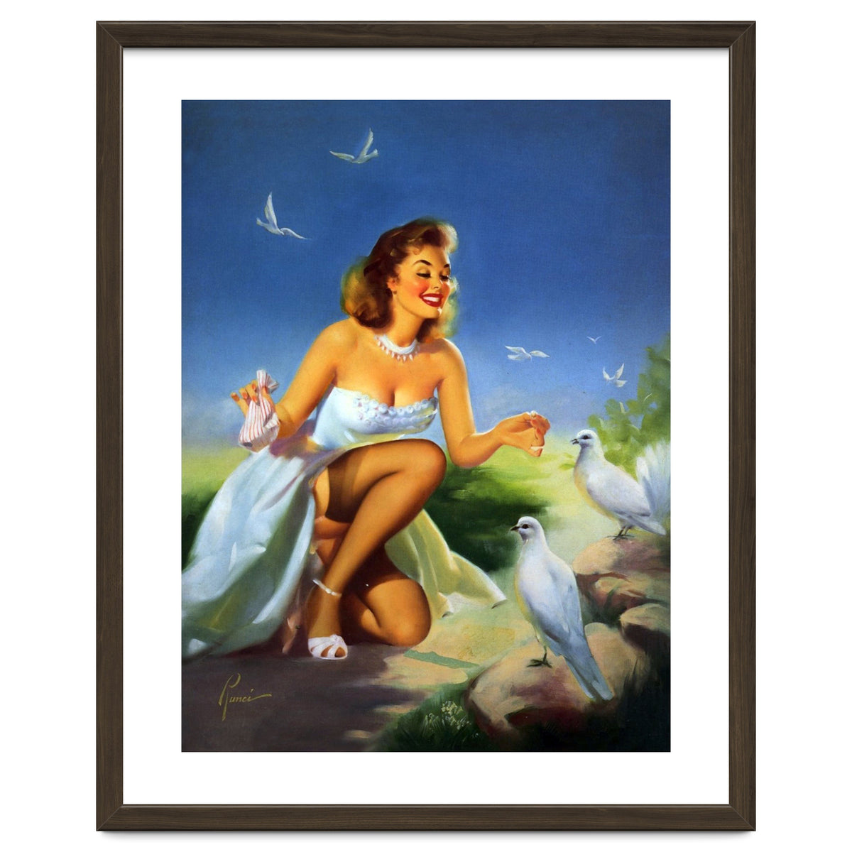Beautiful Pinup Girl Feeding White Pigeons