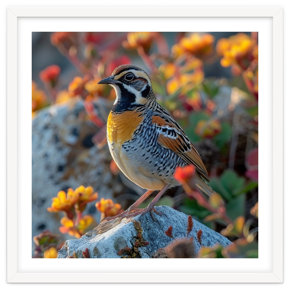 Bird Perched On A Rock With Flowers