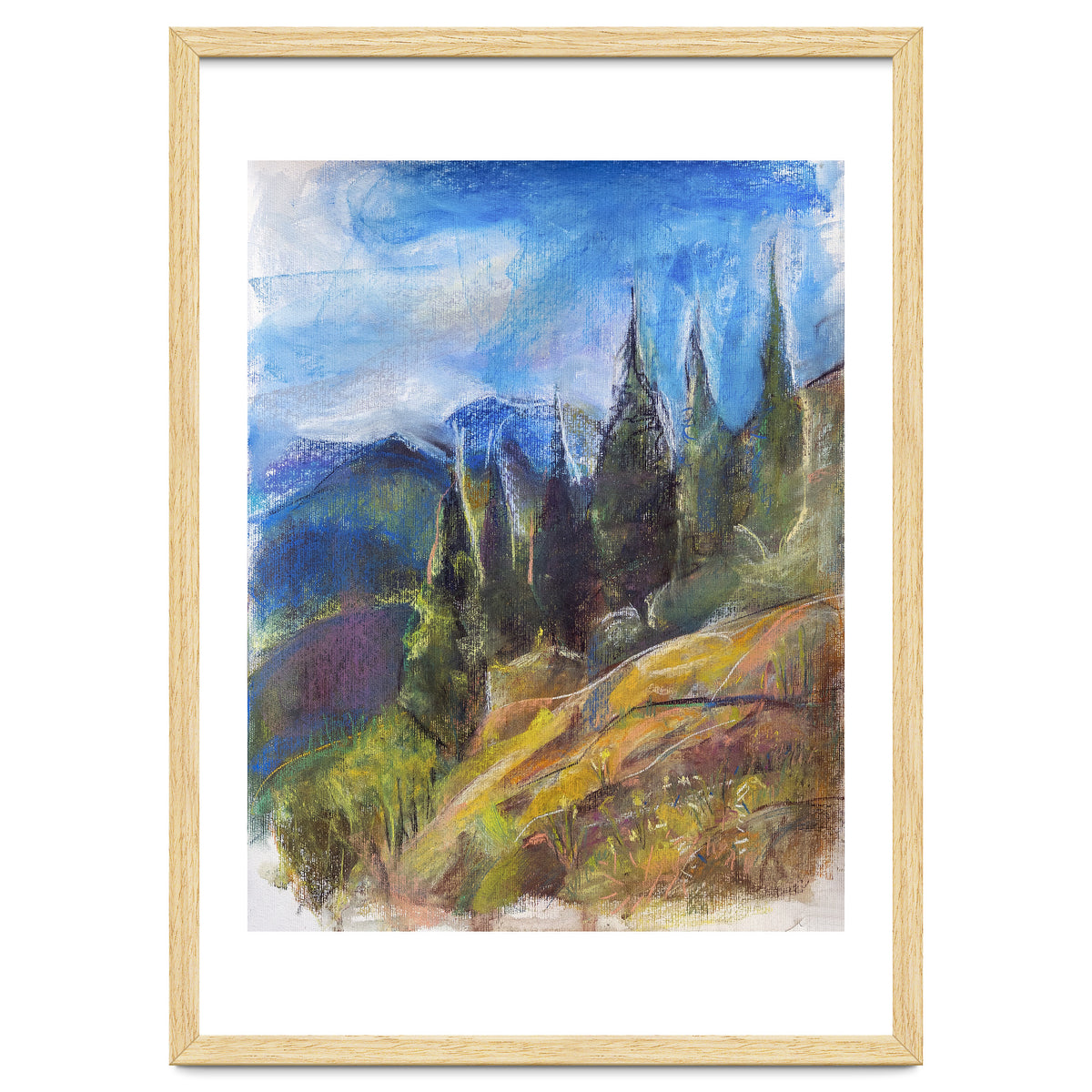 Pastel drawing of an Alpine Pine Forest