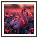 Pink Flamingo Bird Standing Among Flowers At Sunset thumbnail
