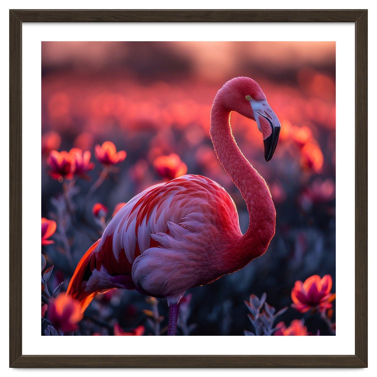 Pink Flamingo Bird Standing Among Flowers At Sunset