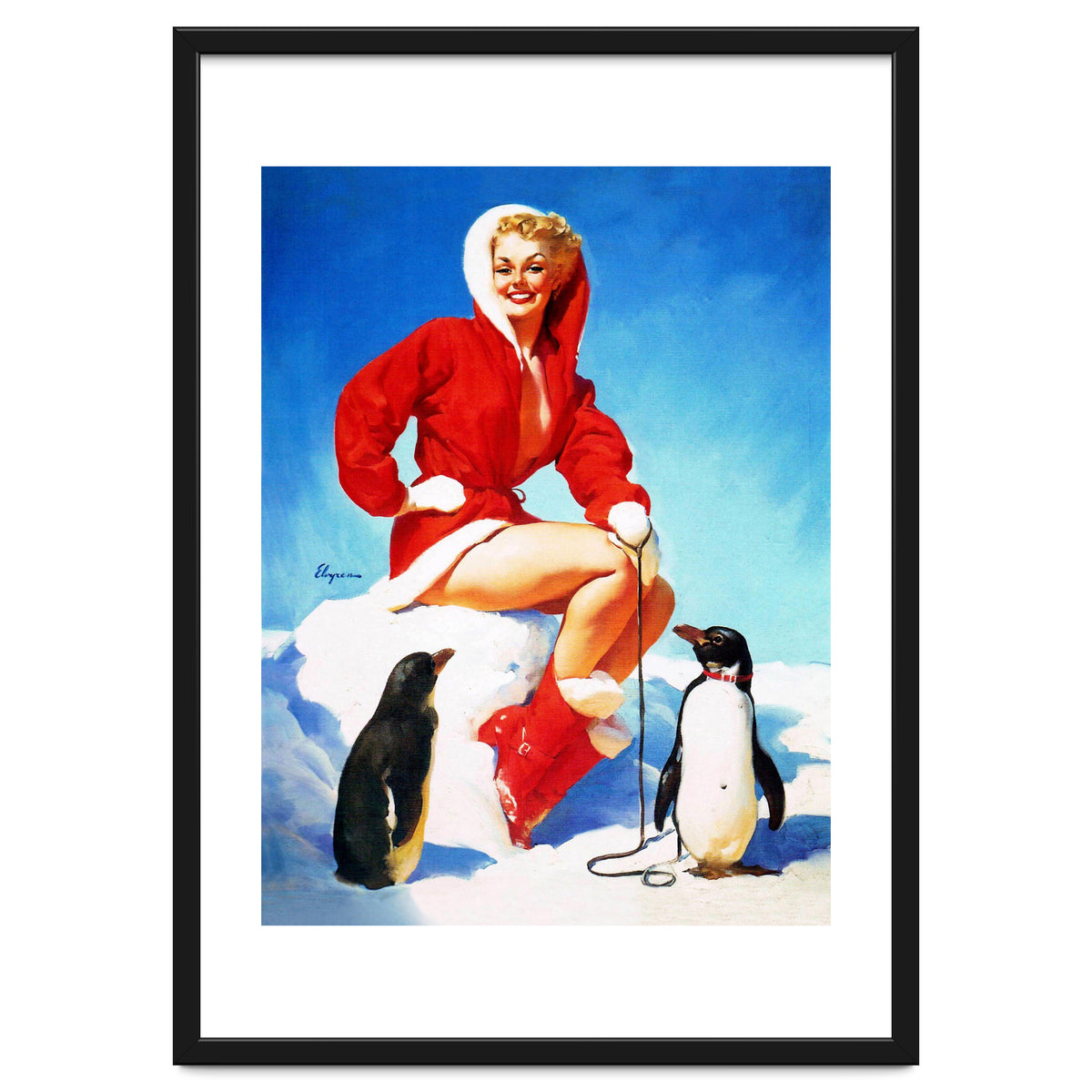 Pinup Sexy Woman Posing With Two Penguins
