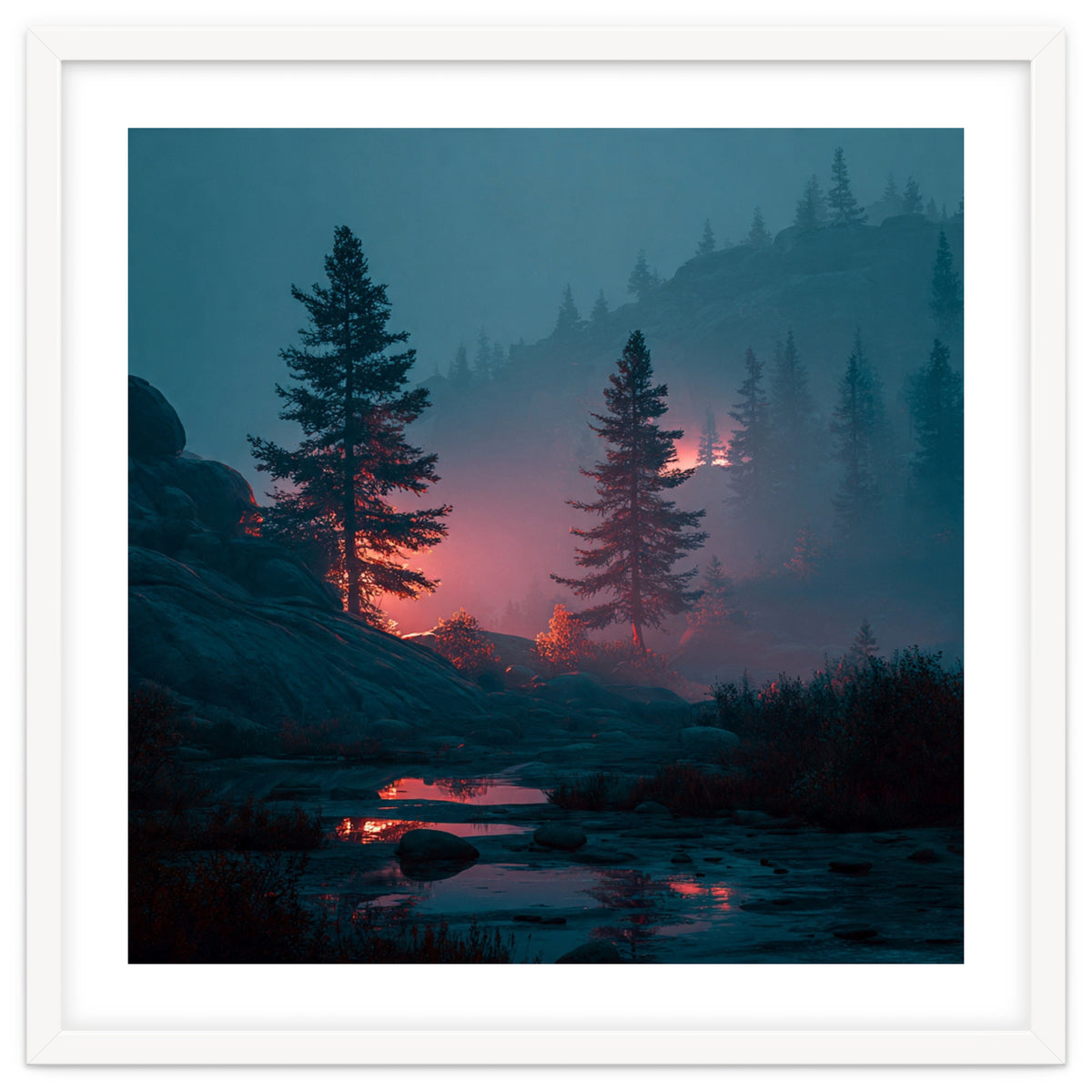 Atmospheric Twilight Pine Forest with Glowing Crimson Light