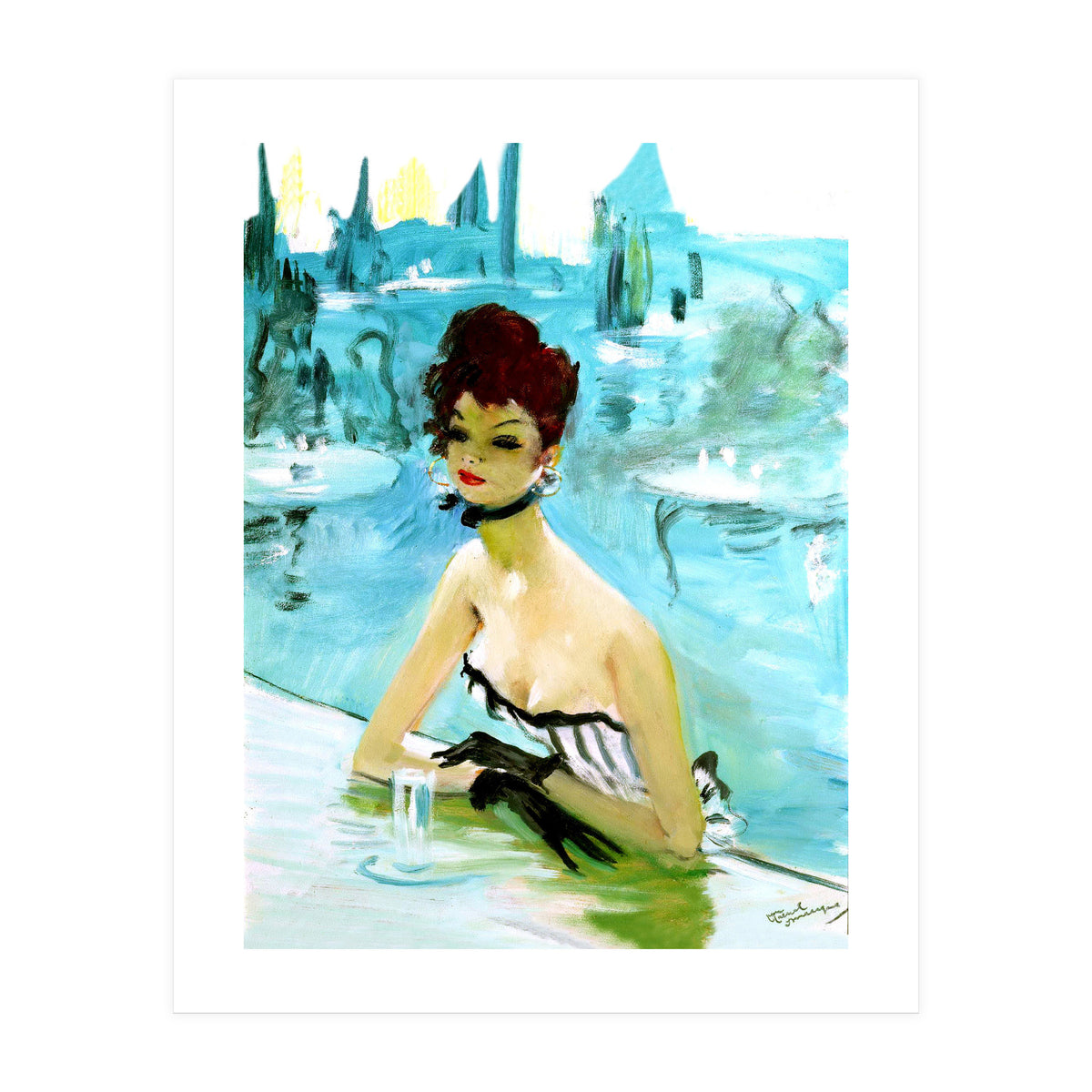 Pinup Girl In Cafe, Watercolor Painting (Print Only)