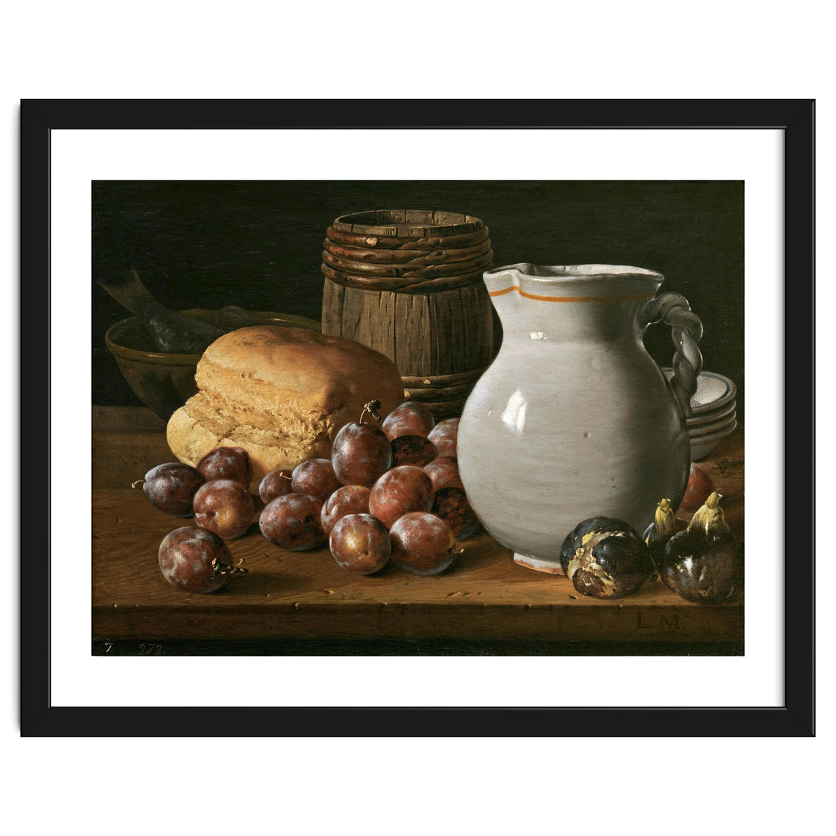 Luis Egidio Meléndez / 'Still Life with Plums, Figs, Bread and Fish', 18th century, Spanish School.