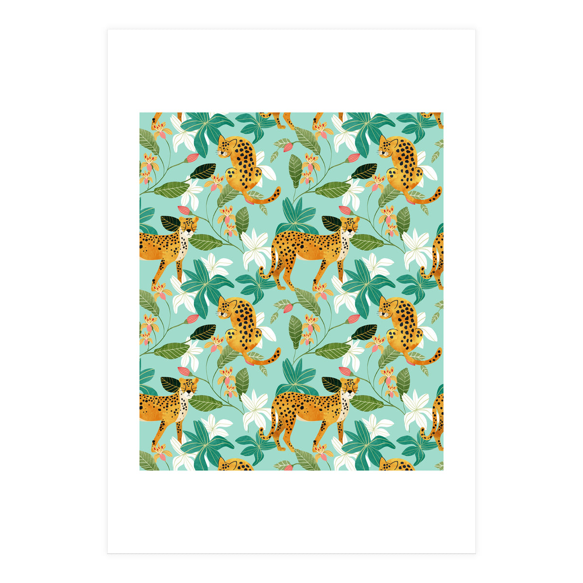 Cheetah Jungle, Wildlife Nature Wild Cats Tigers Leopard Botanical Animals Mint Quirky Illustration (Print Only)