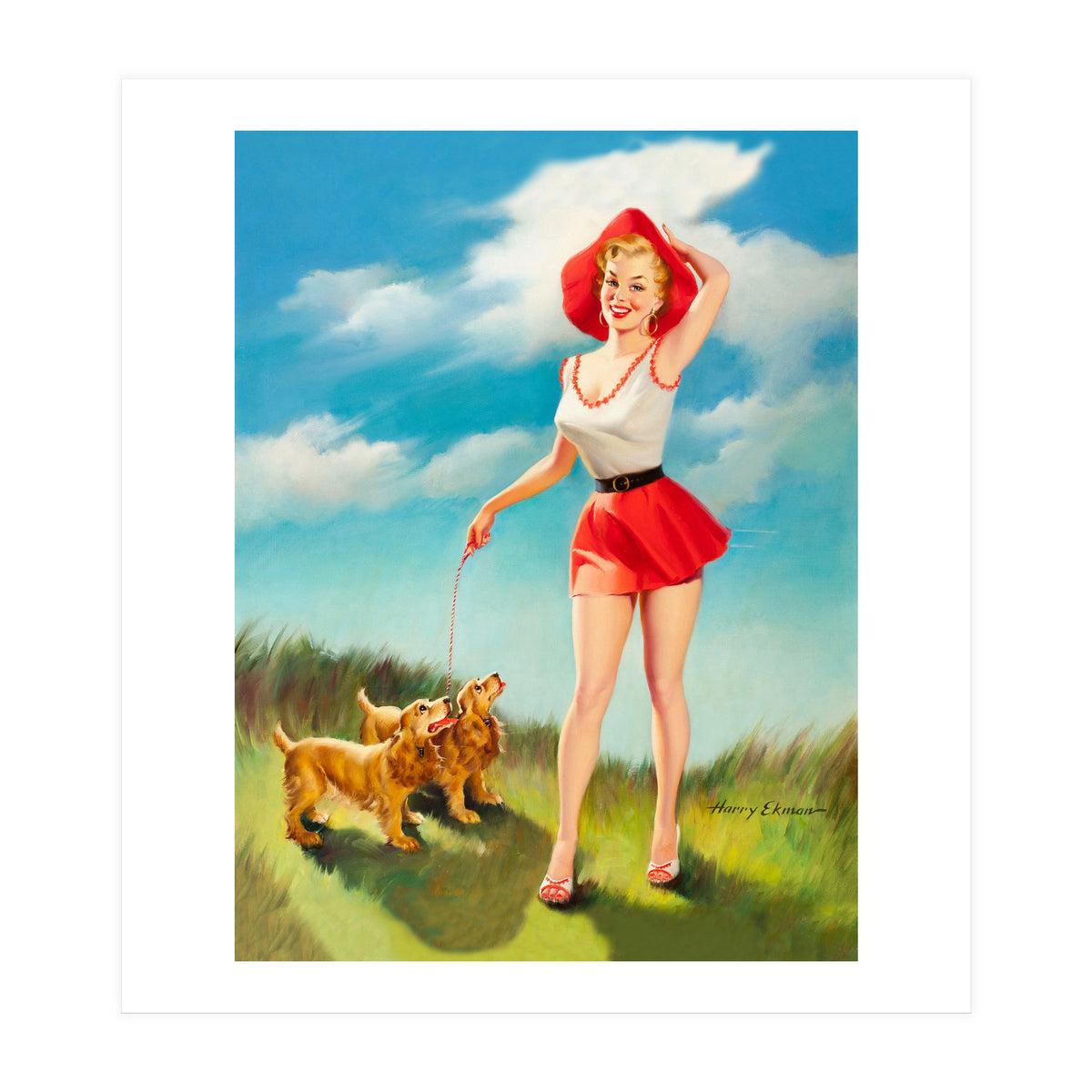 Pinup Girl In Little Red Dress And Two Dogs (Print Only)