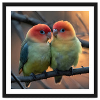 Two Lovebirds Perched On A Branch At Sunset