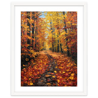 Sun-Drenched Golden Forest Path with Vibrant Autumn Foliage