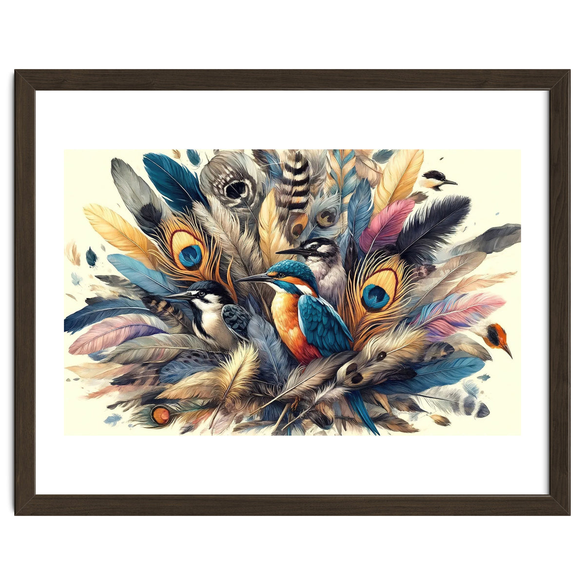 Kingfisher And Songbirds In Peacock Feathers