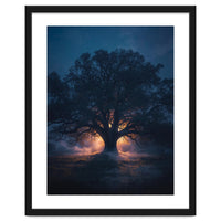 Ancient Mystical Oak Silhouette at Twilight with Ethereal Wisps