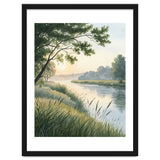 Serene River Sunrise Watercolor Painting with Meadow Grasses and Warm Golden Atmosphere Landscape thumbnail