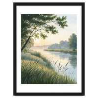 Serene River Sunrise Watercolor Painting with Meadow Grasses and Warm Golden Atmosphere Landscape