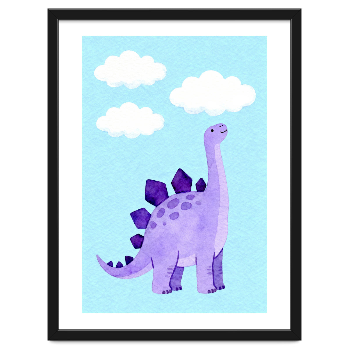 Purple Stegosaurus Watercolor Art, Cute Dinosaur Nursery Print, Dino and Clouds Illustration