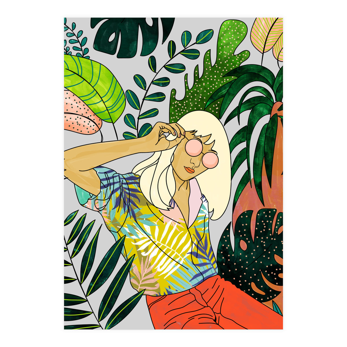 Spring Break, Tropical Bohemian Travel Line Art, Woman Fashion Palm Forest Jungle Watercolor Nature (Print Only)