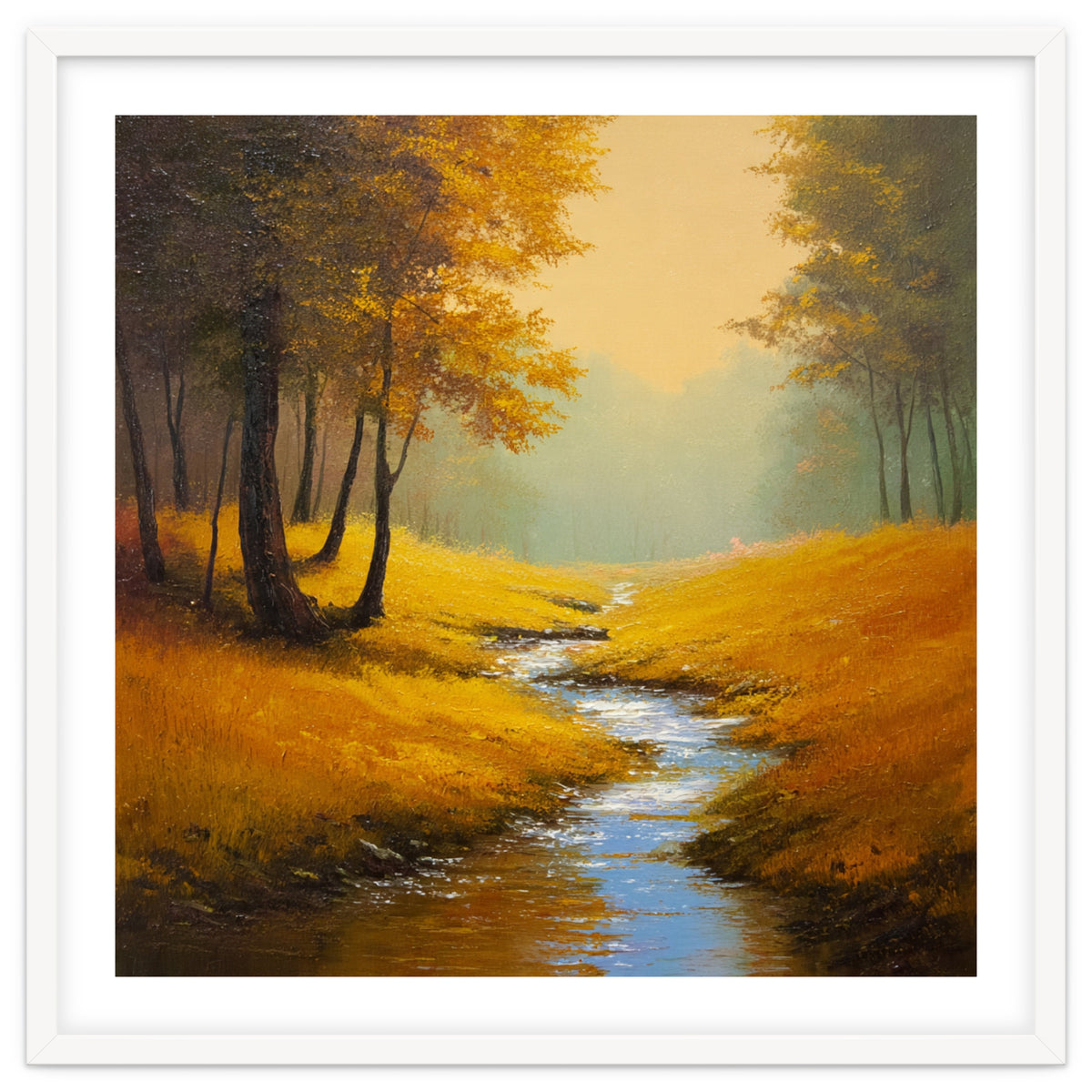 Golden Autumn Forest Path with Winding Creek