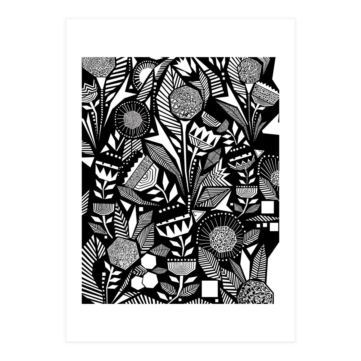 African Tribal, Black & White Abstract Drawing Sketch Line Art, Rustic Botanical Illustration, Bohemian Eclectic Scandinavian Vintage Bold (Print Only)
