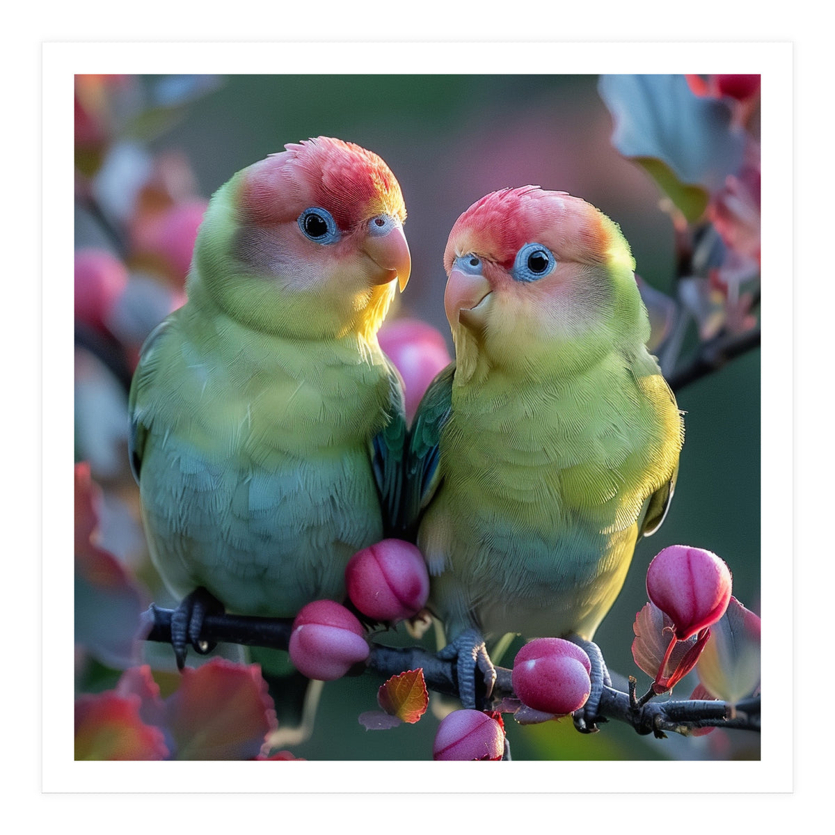 Two Lovebirds On A Branch Surrounded By Berries (Print Only)