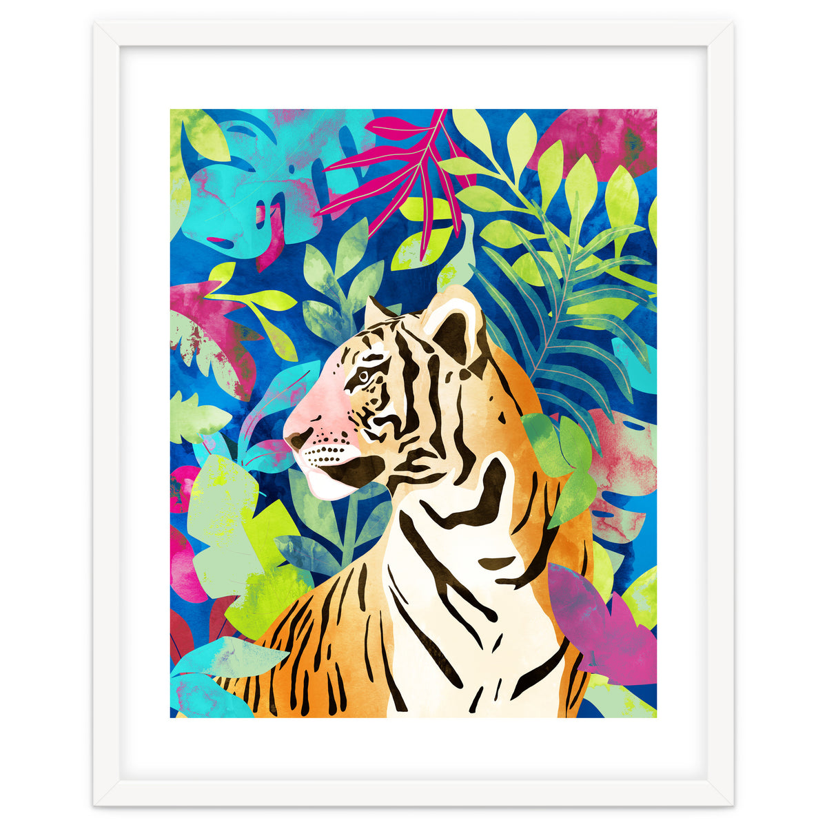 Tropical Tiger, Animal Jungle Watercolor Painting, Nature Travel Wild Botanical