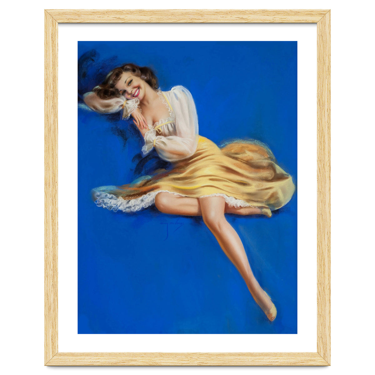 Pinup Girl Posing In Studio Over The Blue Background