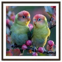 Two Lovebirds On A Branch Surrounded By Berries