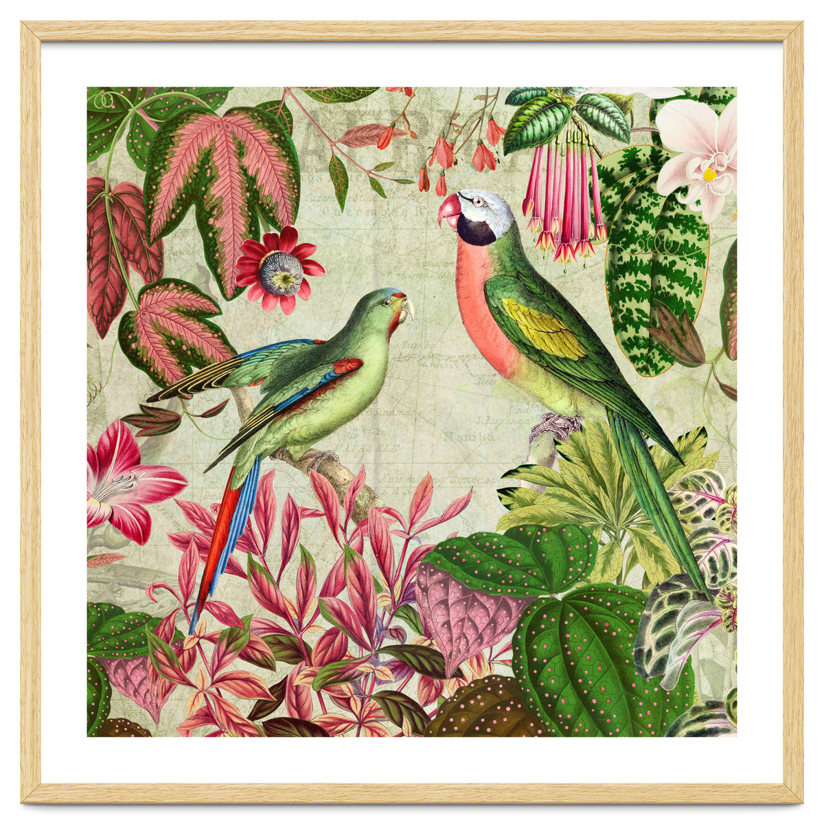 Exotic Lush Rainforest With Colorful Parrots And Flowers