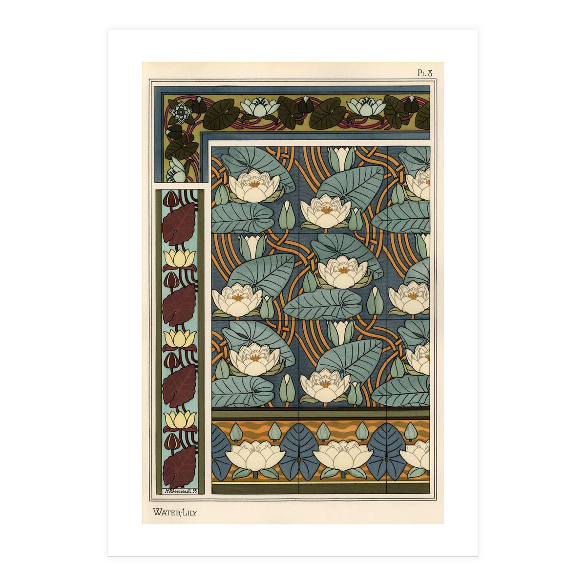 The water lily, Nelumbo lutea, in wallpaper and tile patterns. Lithograph by Verneuil. (Print Only)