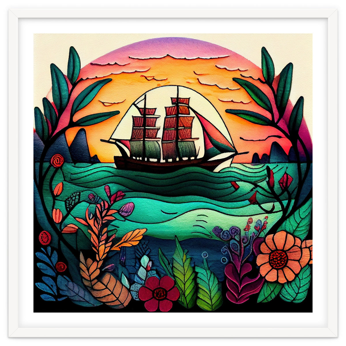 Folk Sunset Sailing Ship