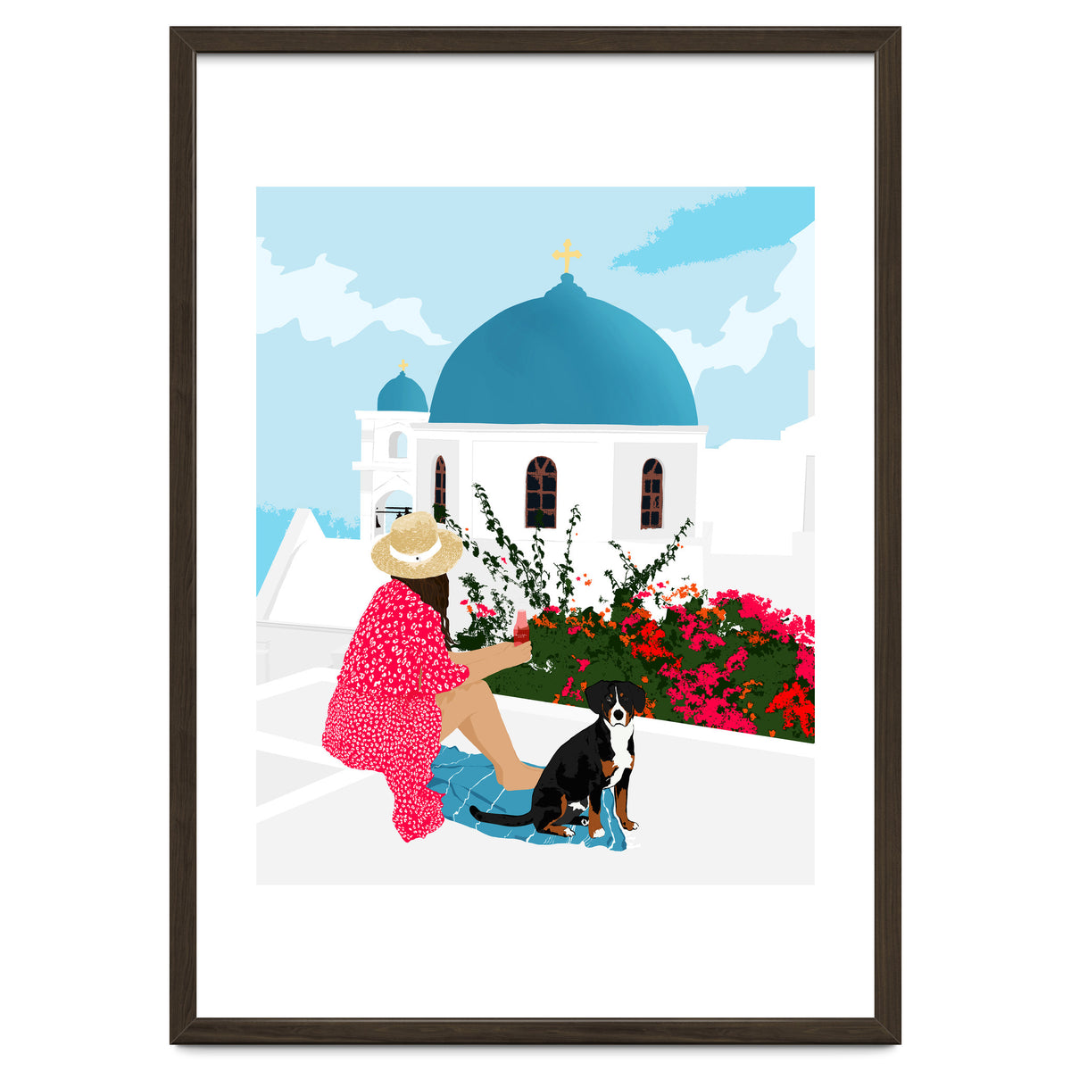 Greek Staycation, Pets Santorini Tropical Summer Travel, Dog White Buildings Architecture Fashion Bohemian