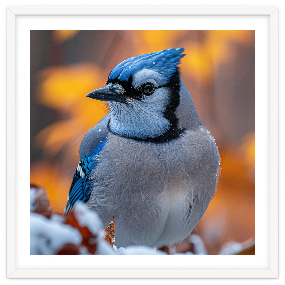 Blue Jay Bird In Winter Snowfall And Leaves