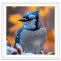 Blue Jay Bird In Winter Snowfall And Leaves