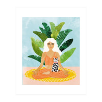 Meditation With Thy Cat Poster | Blonde Woman of Color | Tropical Banana Leaves Quirky Pet Workou (Print Only)